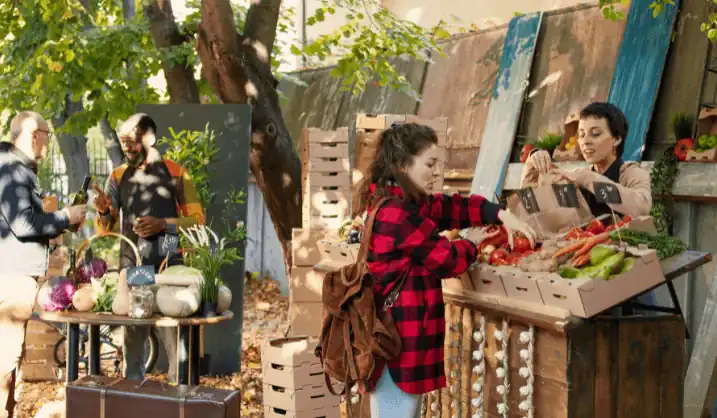 Marché fermier en plein air avec des étals de produits locaux