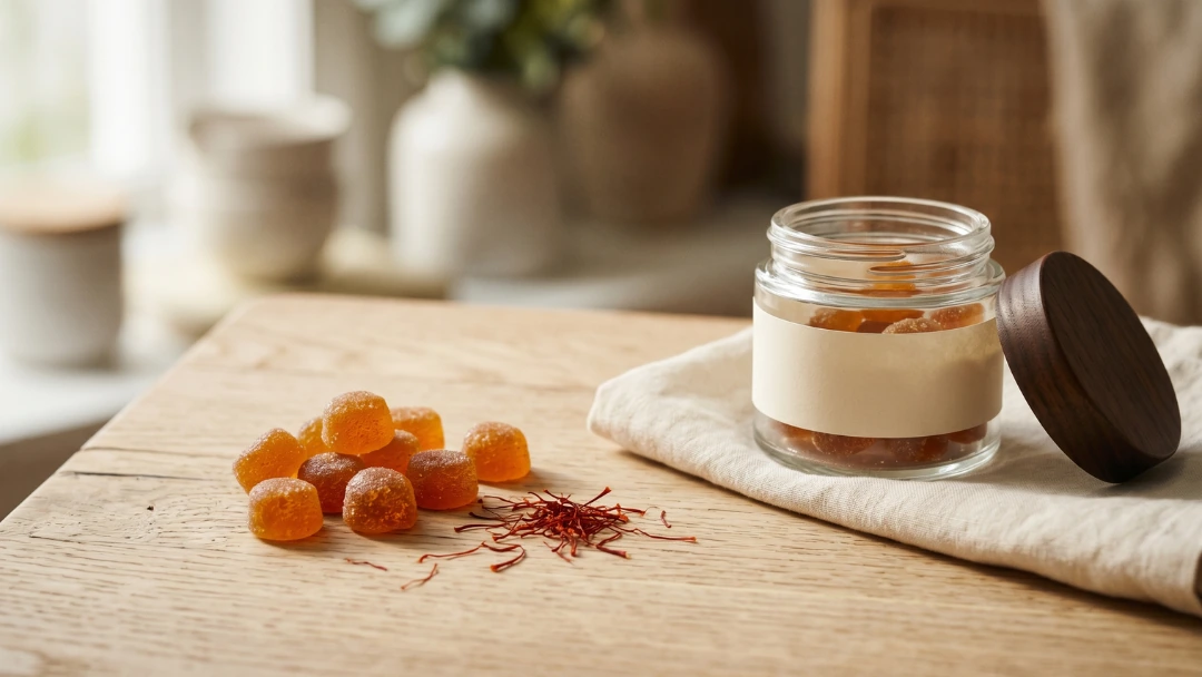 Gummies au safran et stigmates de Crocus sativus posés sur un plan de travail