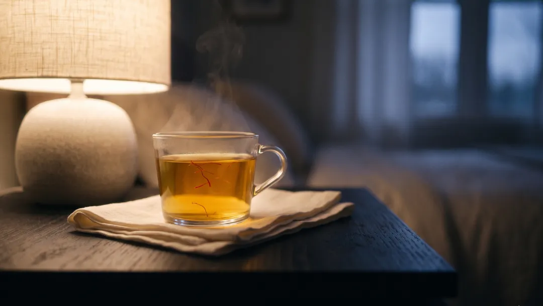 Safran le soir : tasse en verre d'infusion au safran fumante sur une table de chevet près d'une lampe allumée, rituel du coucher pour favoriser le sommeil.