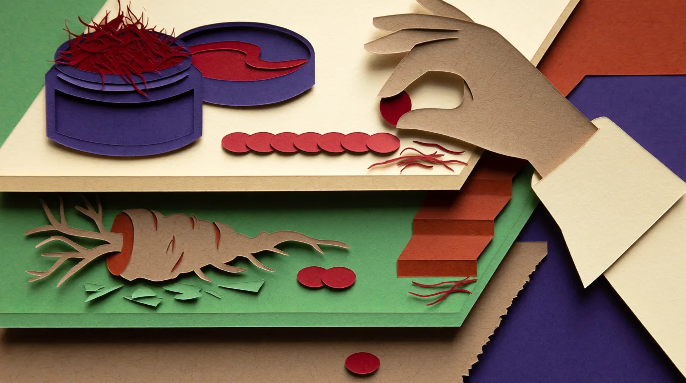 Rhodiole et safran illustrés en papier découpé avec une racine brune, un pot violet rempli de filaments rouges et des comprimés.