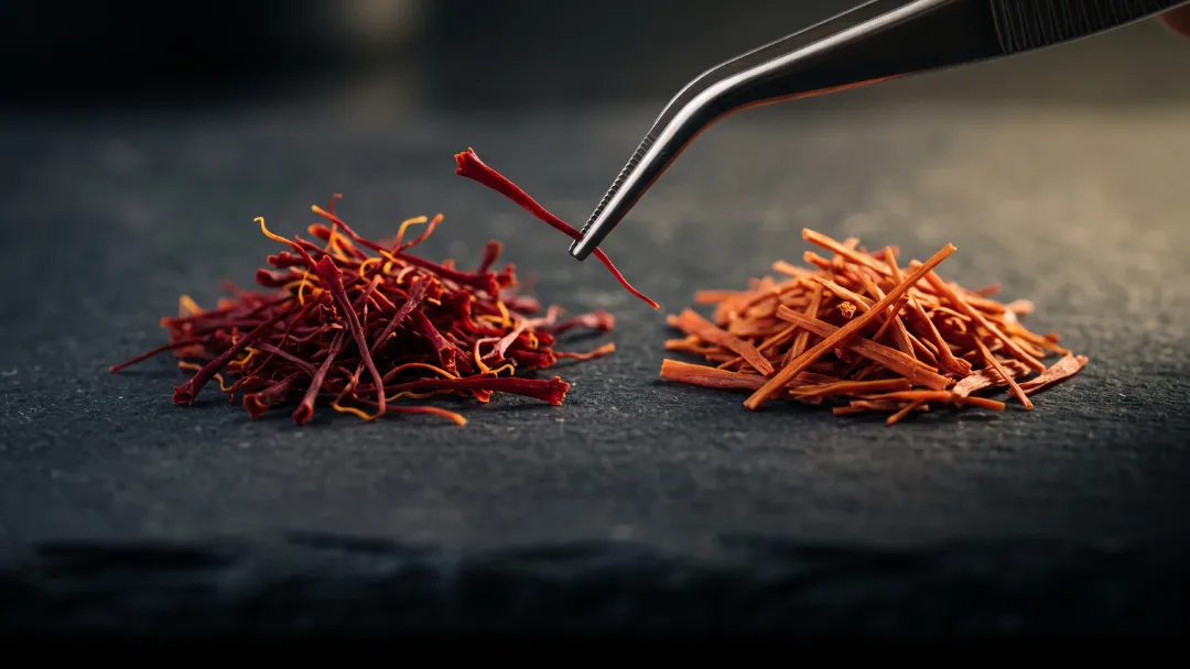 Danger du safran et fraude : comparaison sur ardoise entre du vrai safran aux filaments rouge profond et un safran frelaté aux brins orange ternes, une pince soulevant un filament pour le contrôler.