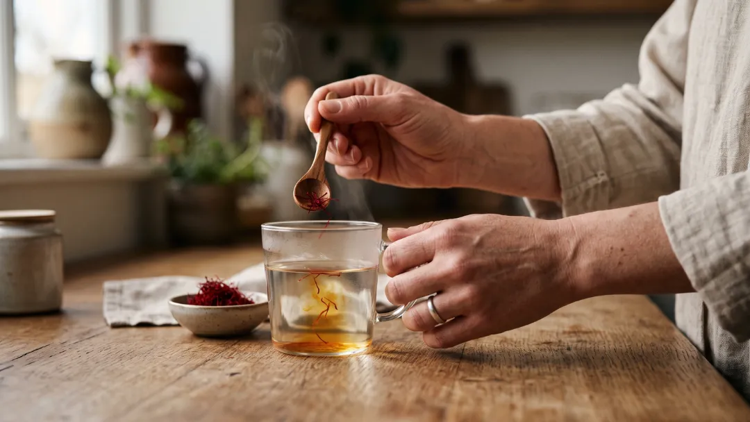 Utiliser le safran contre le stress : mains dosant des filaments de safran à la petite cuillère au-dessus d'une tasse fumante pour préparer une infusion, cuisine chaleureuse.