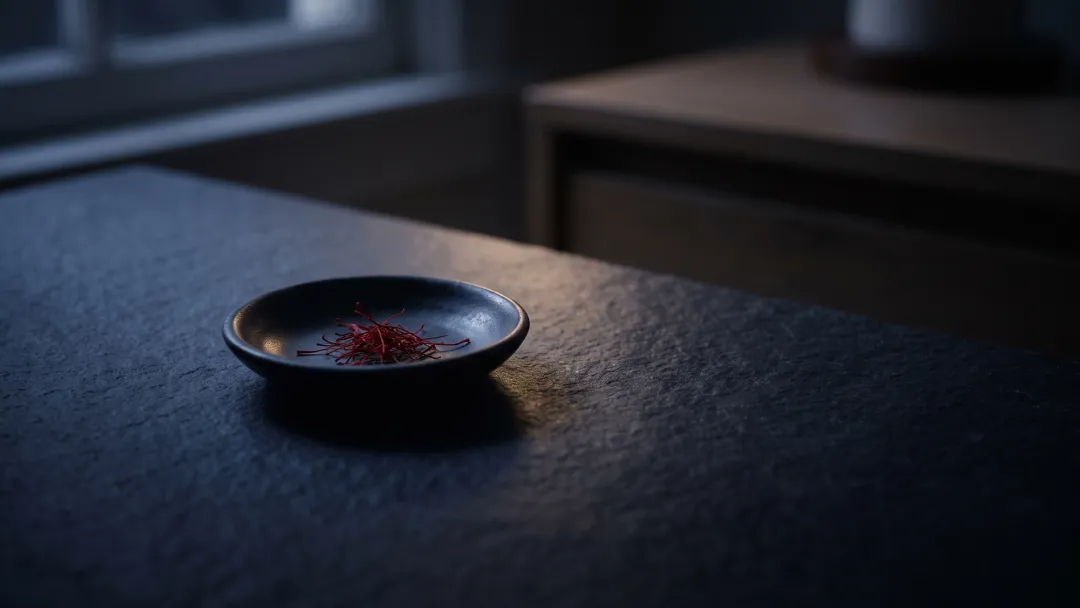 Safran et sommeil : filaments de safran dans une petite coupelle sombre sur une table en pierre, faible lumière nocturne, évoquant la cure d'extrait pour mieux dormir.