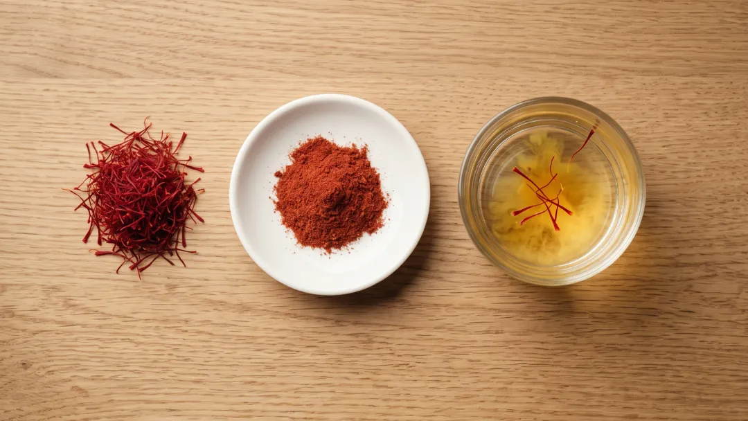 Le safran décrypté : filaments entiers, poudre rouge et verre d'eau teintée en jaune doré par l'infusion, vus de dessus sur un plan de chêne.