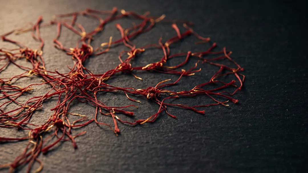 Effets du safran sur le cerveau : filaments de safran disposés en réseau ramifié évoquant des connexions neuronales sur une ardoise sombre, lumière chaude.