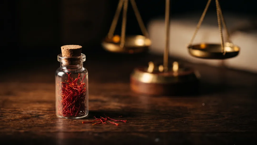 Prix du safran : petite fiole en verre remplie de filaments de safran et quelques brins épars, devant une balance de précision en laiton sur bois sombre — l'épice la plus chère, au gramme.