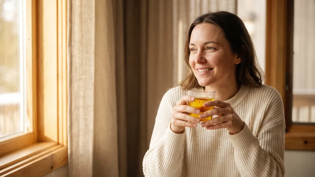 Safran anti-stress : femme souriante près d'une fenêtre ensoleillée tenant un verre d'infusion dorée au safran, moral apaisé dans la lumière du matin.