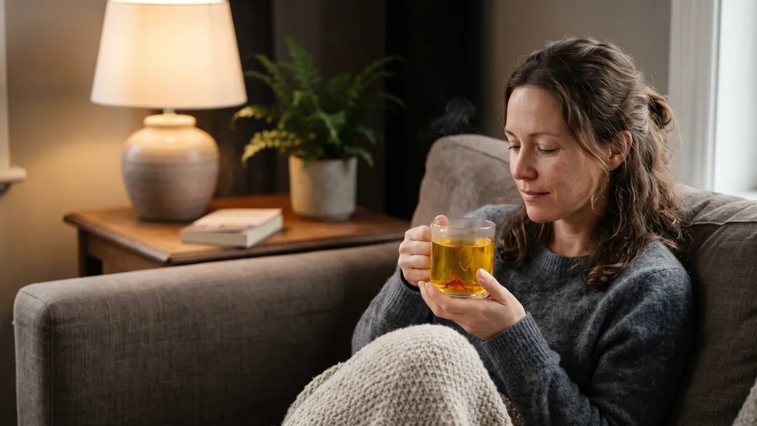 Safran contre l'anxiété : femme détendue sur un canapé sous un plaid, tenant un verre d'infusion dorée au safran dans un salon cosy à la lumière douce — moment d'apaisement.