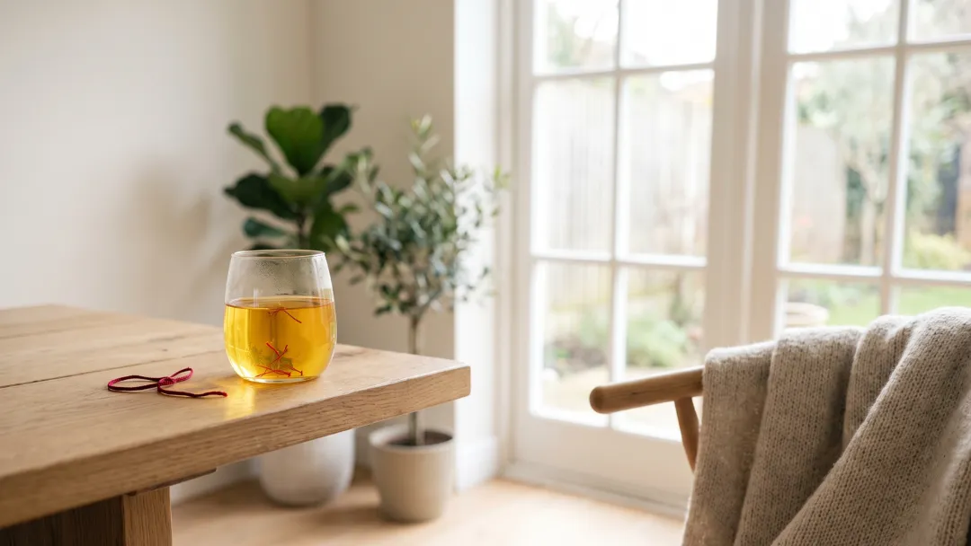 Le safran comme anxiolytique naturel : verre d'infusion dorée au safran près d'une fenêtre lumineuse, plantes et plaid doux, ambiance calme et apaisante contre l'anxiété.