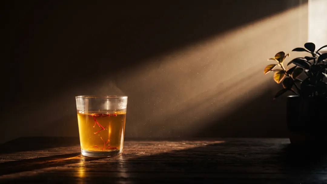 Safran contre la dépression : verre d'infusion dorée au safran fumant sur une table sombre, traversé par un rai de lumière du matin, une plante au bord du faisceau — évoque la remontée du moral.