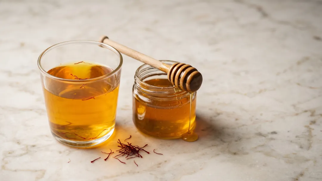 Safran et miel : un verre d'infusion dorée au safran à côté d'un pot de miel avec sa cuillère en bois et des filaments de safran, sur du marbre clair — l'association traditionnelle.