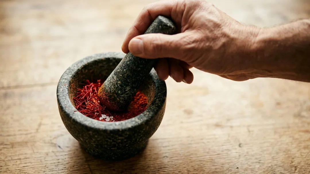 Le safran en poudre : une main broie au pilon des filaments de safran et quelques grains de sel dans un mortier de pierre, sur une table en bois.