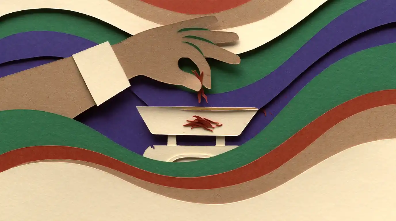 Filaments de safran pesés sur une balance, illustration d'un guide sur leur prix