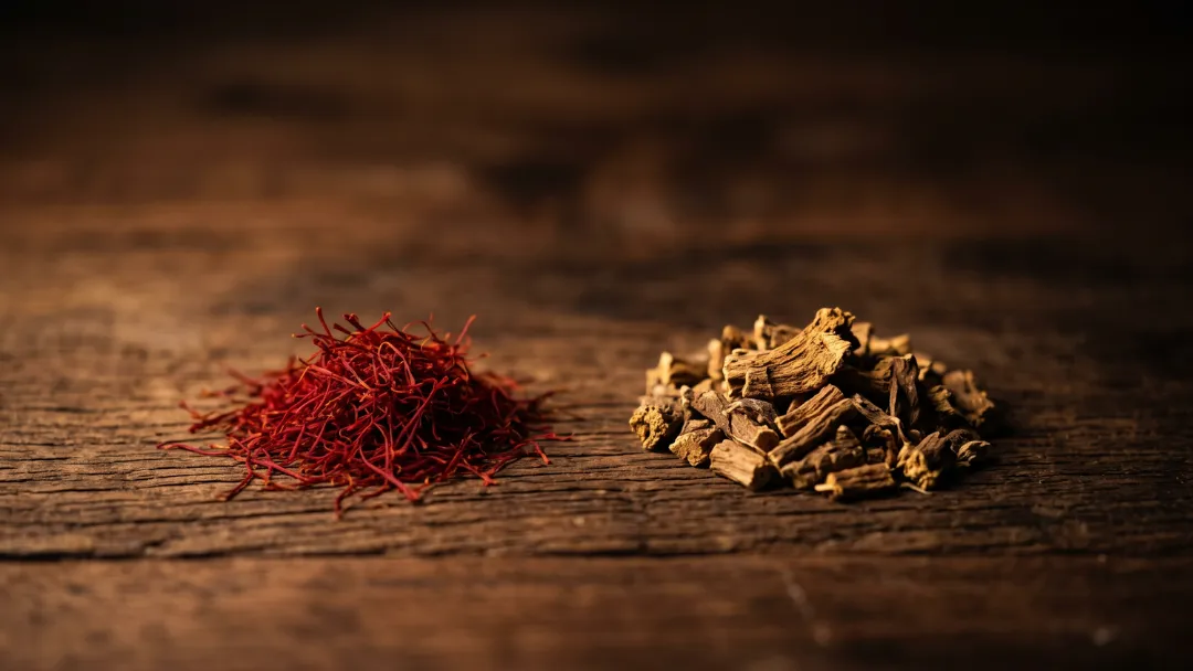 Rhodiole et safran comparés : à gauche un tas de filaments de safran rouge, à droite des morceaux de racine séchée de rhodiole, côte à côte — deux plantes pour l'humeur.