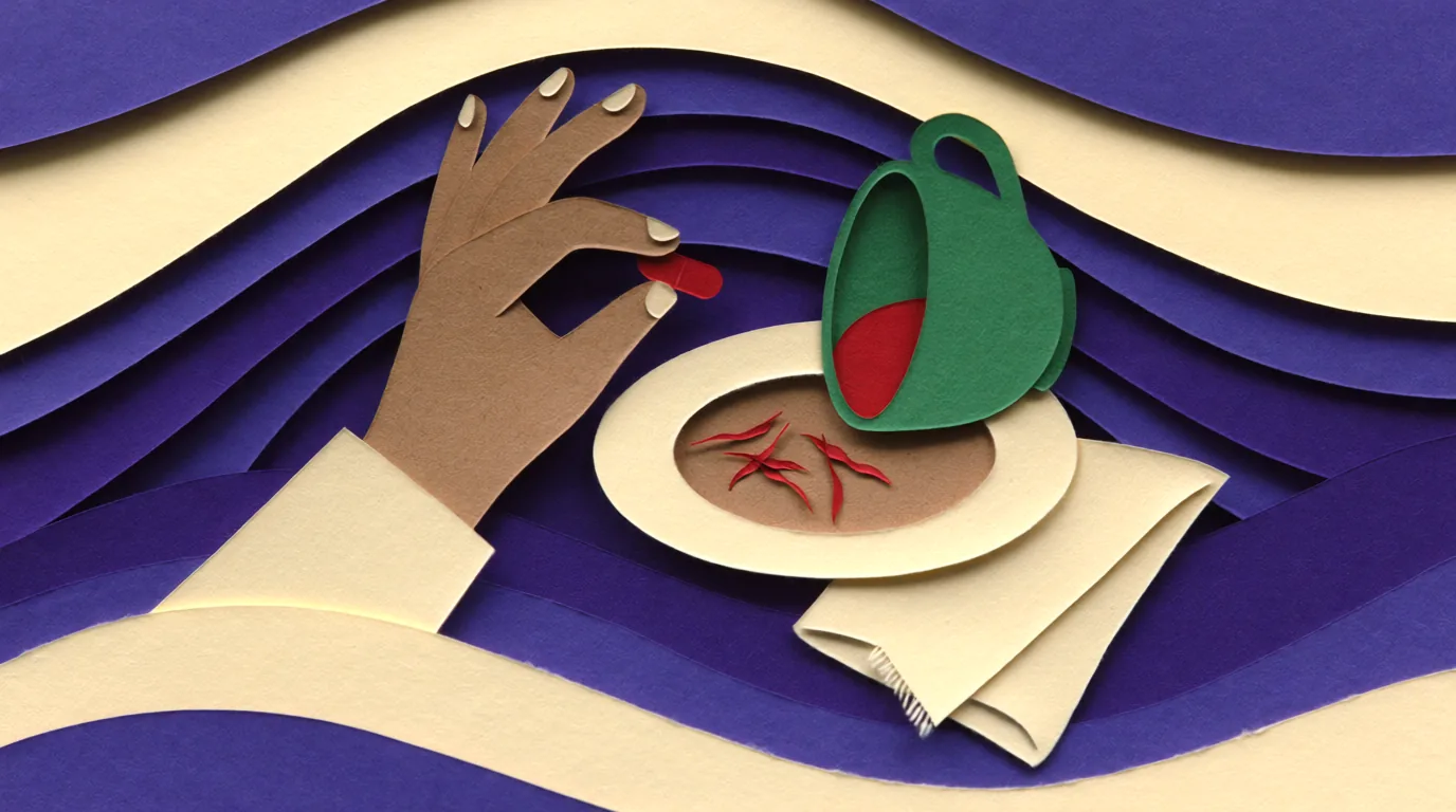 Pourquoi prendre du safran le soir s'illustre par une main tenant une gélule rouge devant une tasse verte et des filaments rouges.
