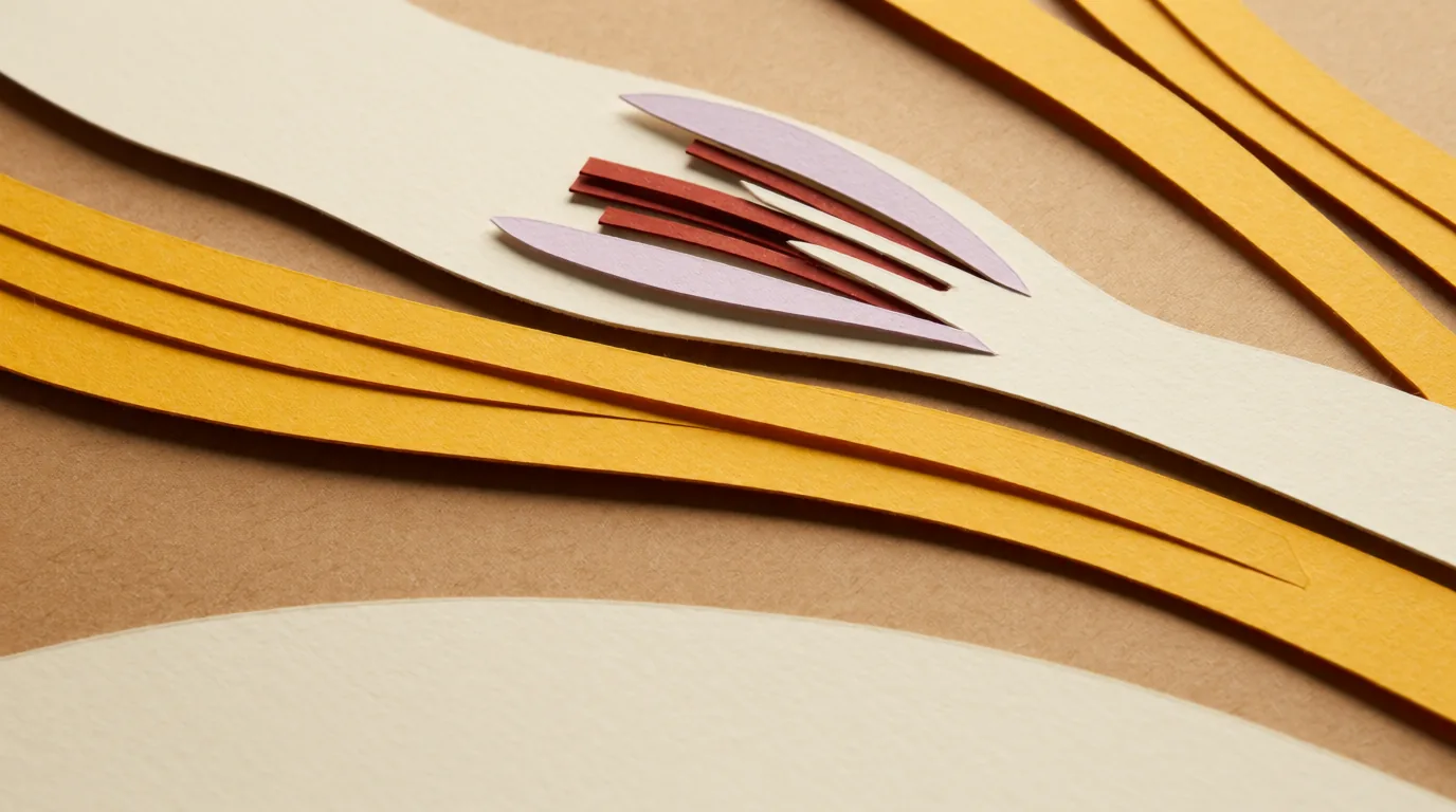 Le safran, l'épice décryptée, présenté sous forme de découpages en papier formant une fleur violette aux filaments rouges entourée de bandes jaunes.