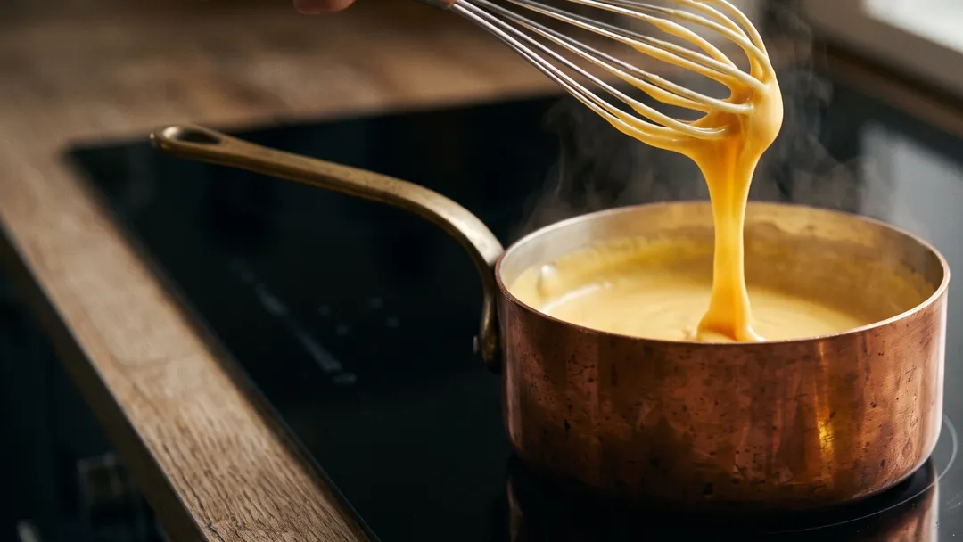Réussir une sauce au safran : sauce dorée et nappante soulevée au fouet au-dessus d'une casserole en cuivre sur le feu, filet brillant qui retombe dans un léger nuage de vapeur.