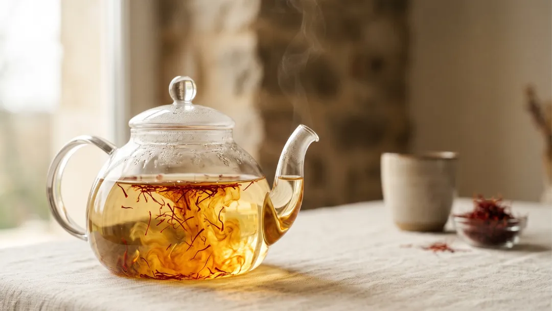 Thé au safran : filaments de safran qui infusent dans une théière en verre, l'eau se teintant d'or, une tasse et des filaments à côté sur du lin — infusion savoureuse.