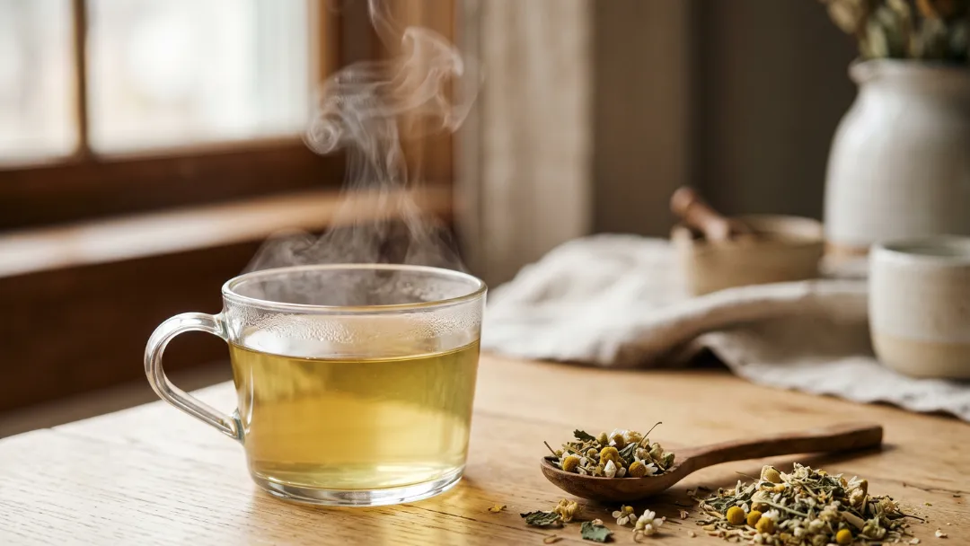 Tisane et infusion : une tasse en verre d'infusion dorée fumante, à côté d'une cuillère en bois de fleurs de camomille et de menthe séchées, sur une table en bois.