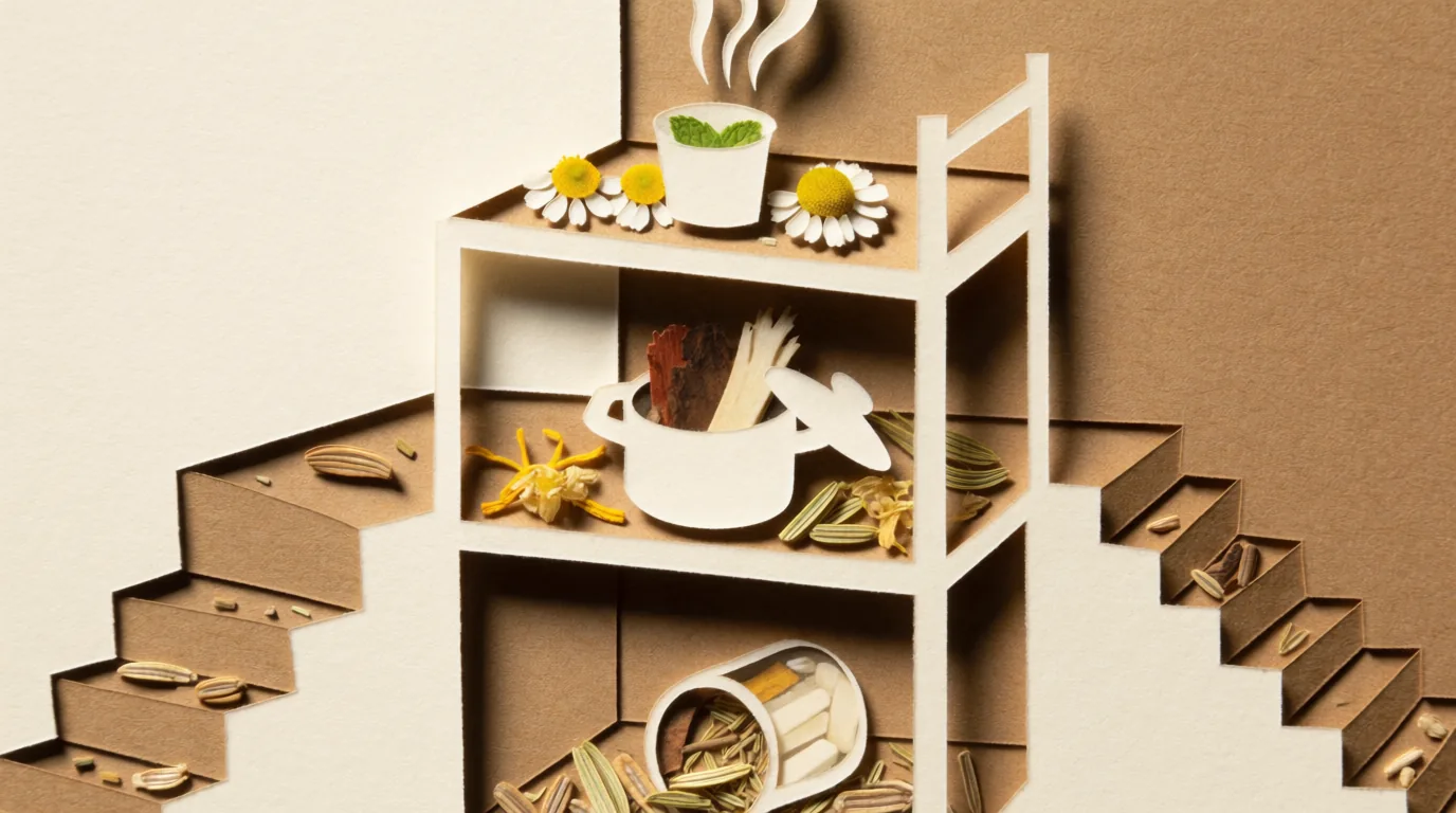 Tisanes : bien les préparer, bien les choisir illustrés par une étagère en papier portant une tasse fumante et des fleurs de camomille.