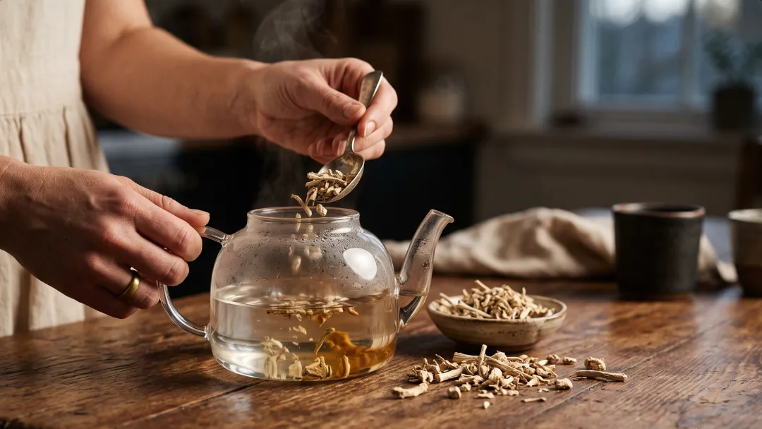 Valériane pour dormir : mains versant à la cuillère des morceaux de racine de valériane séchée dans une théière en verre d'infusion fumante, sur une table en bois.
